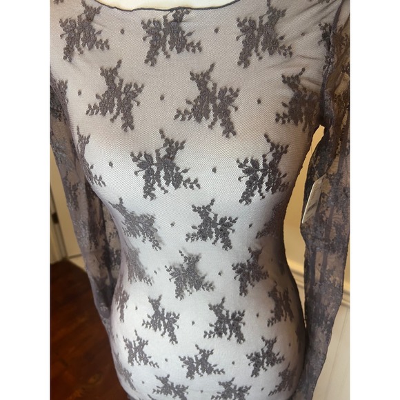 Free People Floral Lace Sheer Maxi Dress Long Sleeve Grey Boat Neck New size XS - Picture 8 of 11
